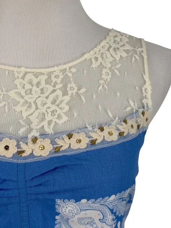 VTG Free People Crystallized Linen Crochet Lace Yoke Paisley Mini Shift Dress 10 - Picture 4 of 16